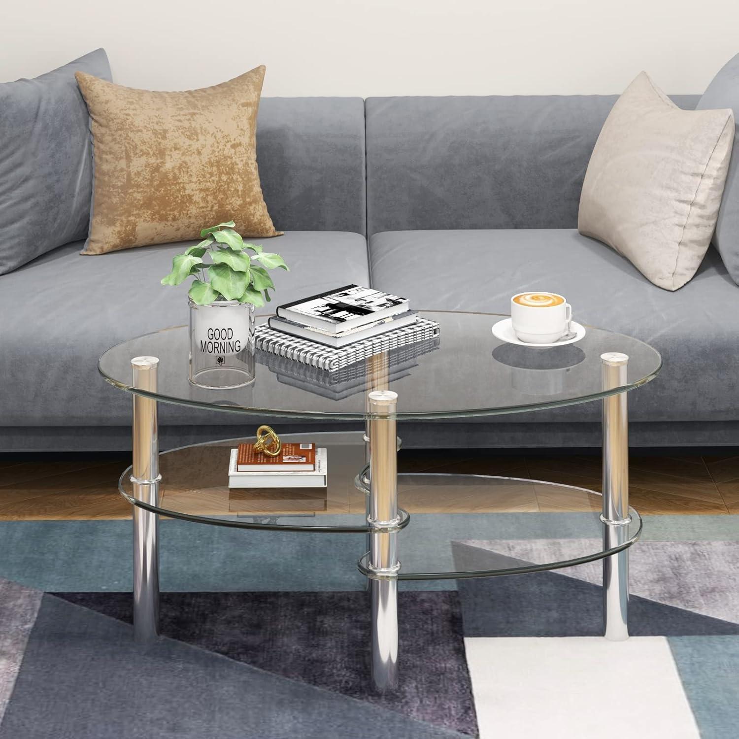 Costway Tempered Glass Oval Side Coffee Table Shelf Chrome Base Living Room Black