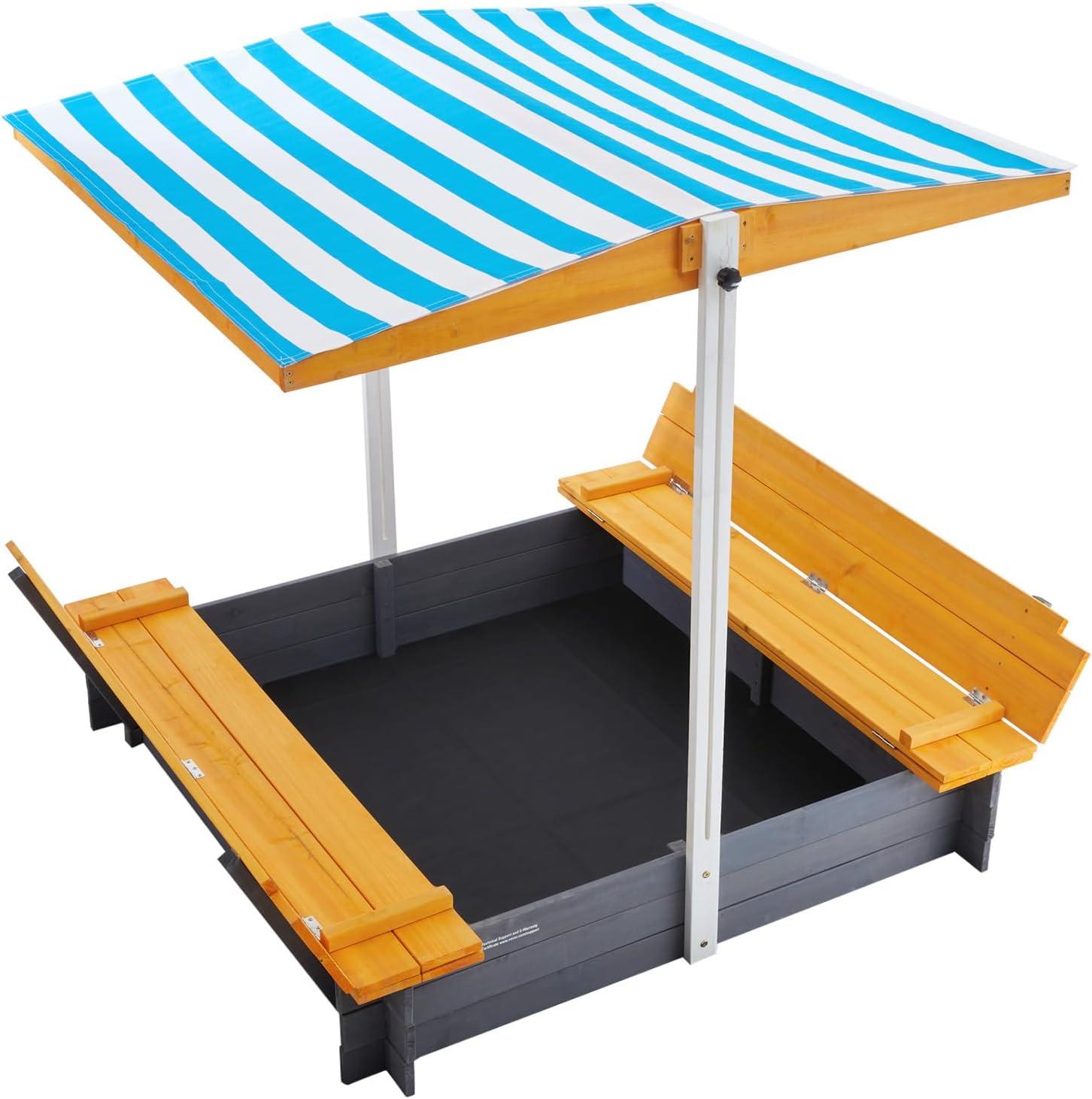 Wooden Sandbox with Adjustable Canopy and Bench Seats