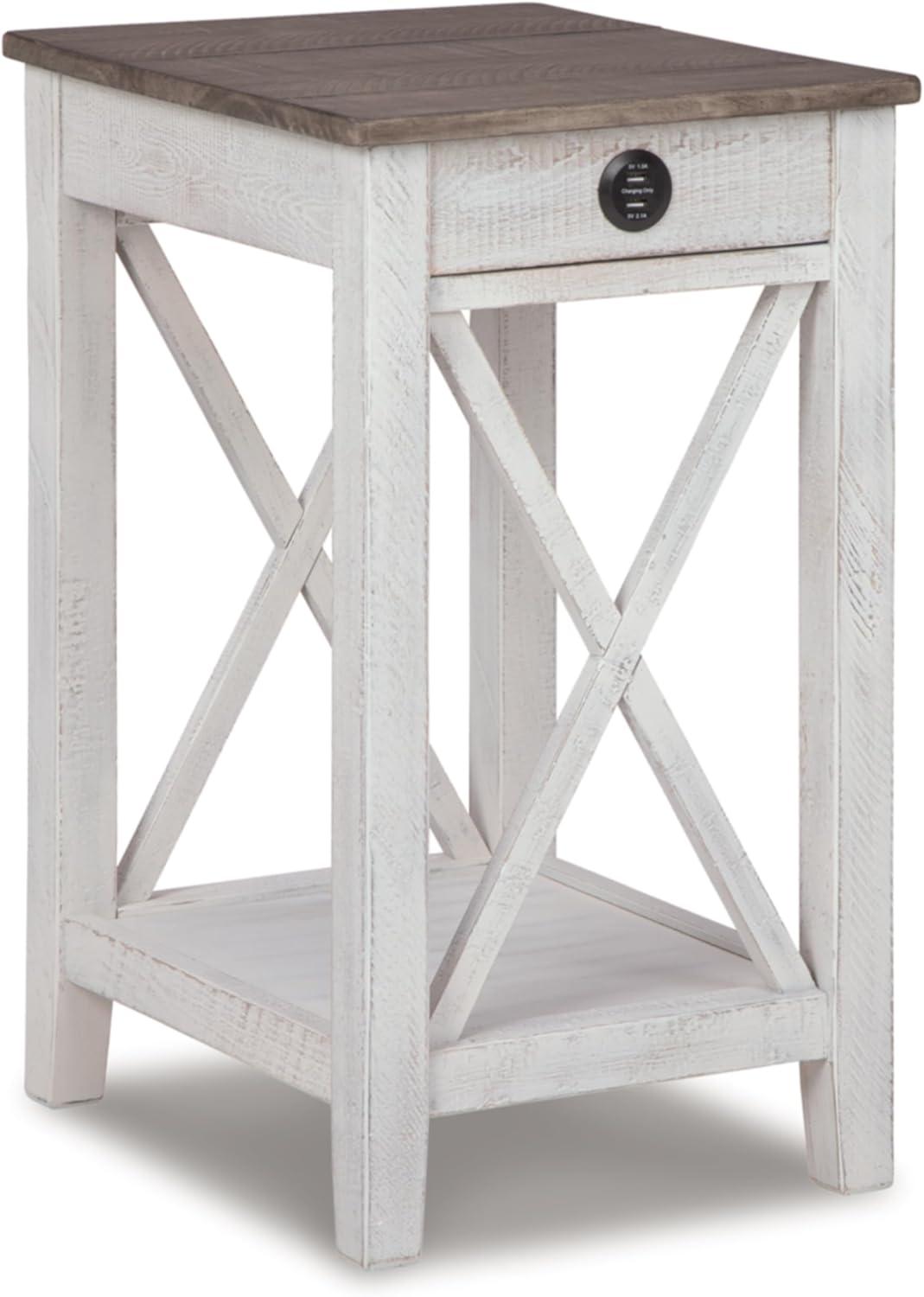 Adalane Side Table White/Gray: Vintage Crossbuck Design, USB Ports, Storage - Signature Design by Ashley