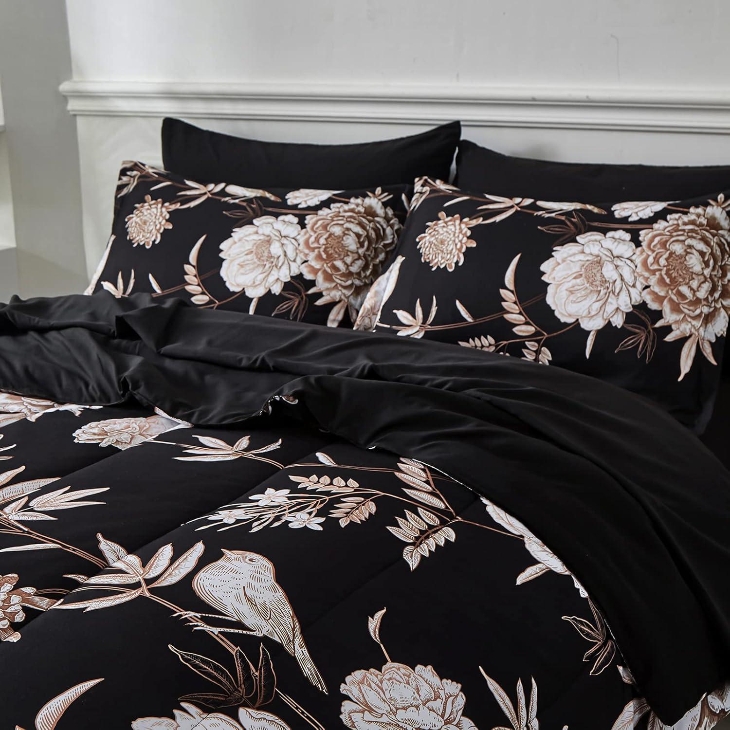 DANTUL 7 Piece Bed In A Bag Queen Comforter Set Botanical Floral Bedding Set,White Flowers Leaves Printed On Black Reversible Design,Soft Microfiber Comforter With Sheet Set,All Season