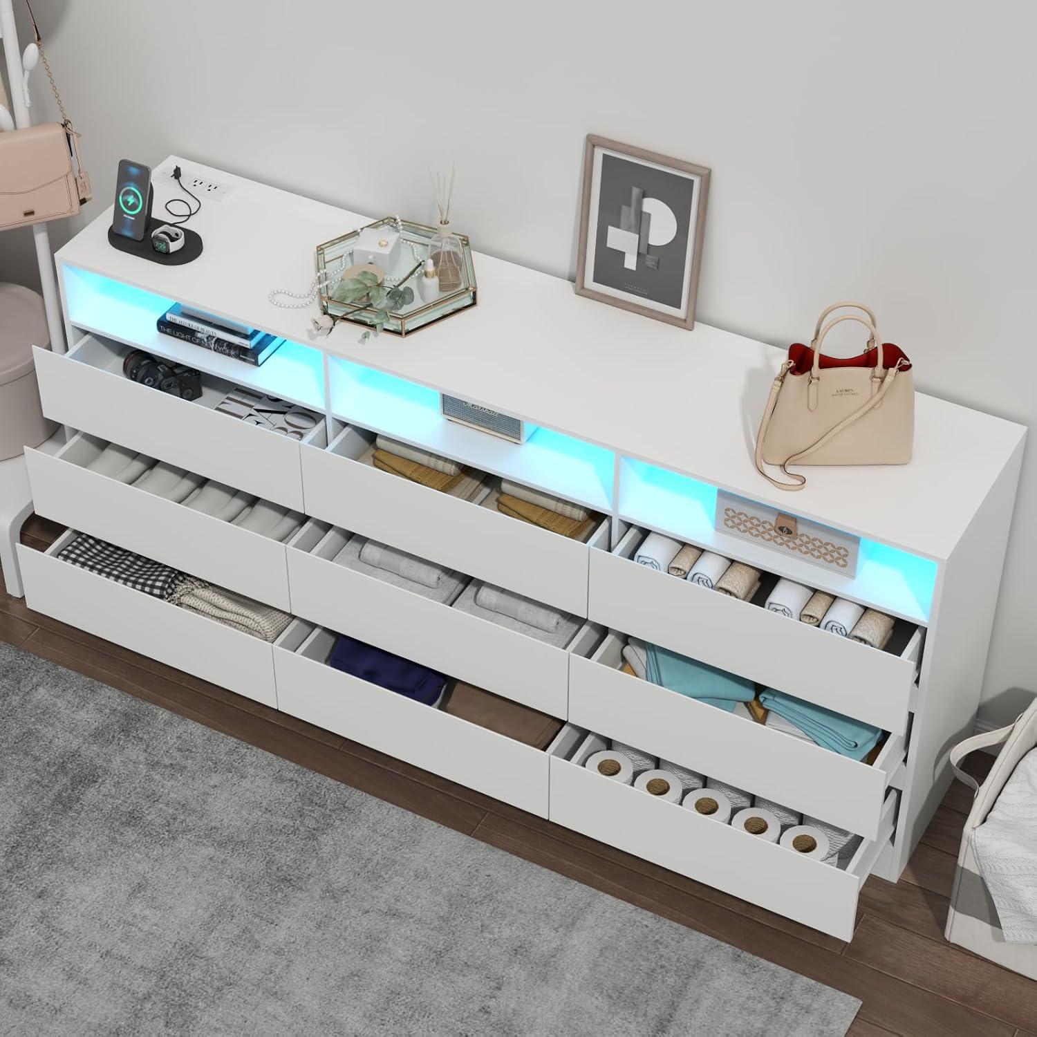 Modern White Double Dresser with LED Lights and Charging Station