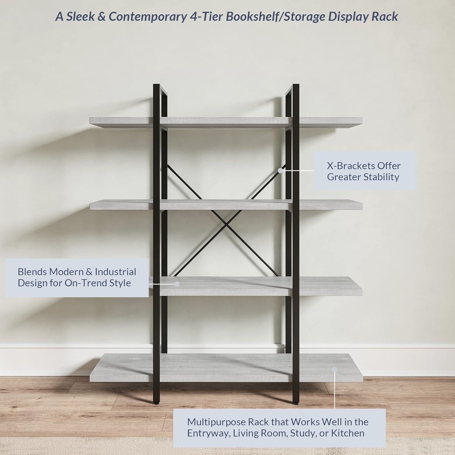 BELLEZE 4 Tier Modern Rustic Industrial Bookshelf - Hazel (Stone Grey)