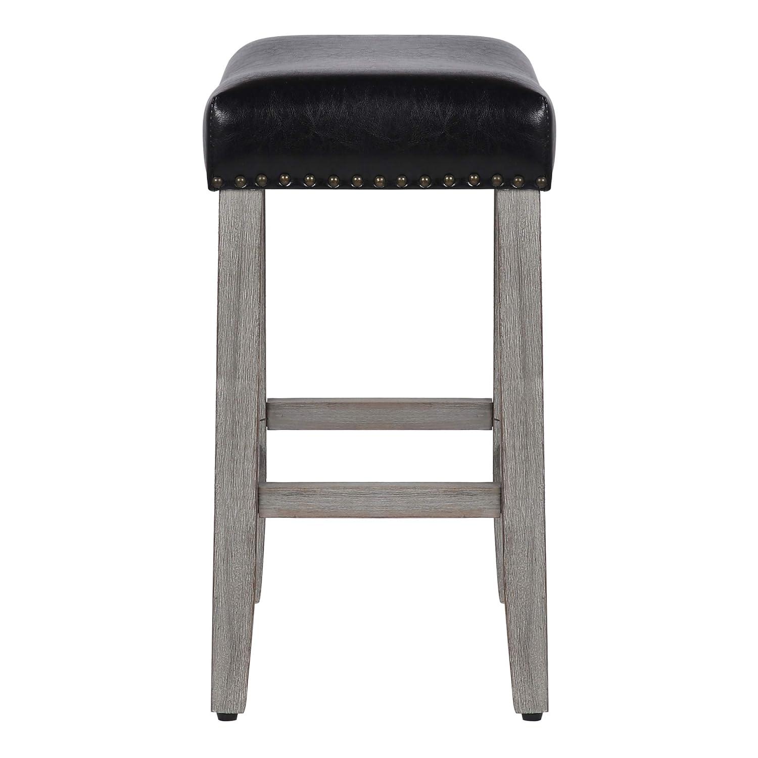 Antique Gray and Navy Blue Saddle Style Wood Bar Stool, 24"