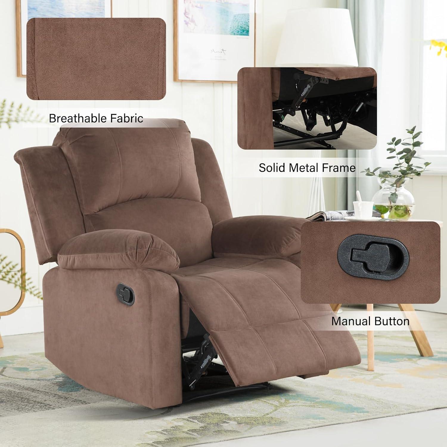 CANMOV Manual Recliner Chair, Soft Fabric Overstuffed Recliner Single Sofa Chair for Living Room Bedroom, Heavy Duty and Safety Reclining Mechanism, Light Brown