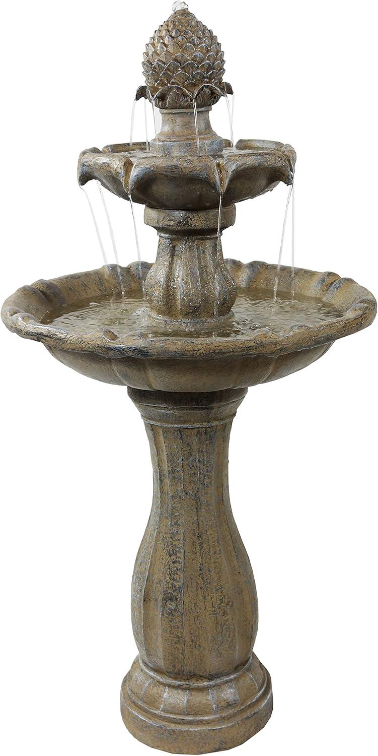 Sunnydaze Outdoor 2-Tier Pineapple Solar Powered Water Fountain with Battery Backup and Submersible Pump - 46" - Earth Finish
