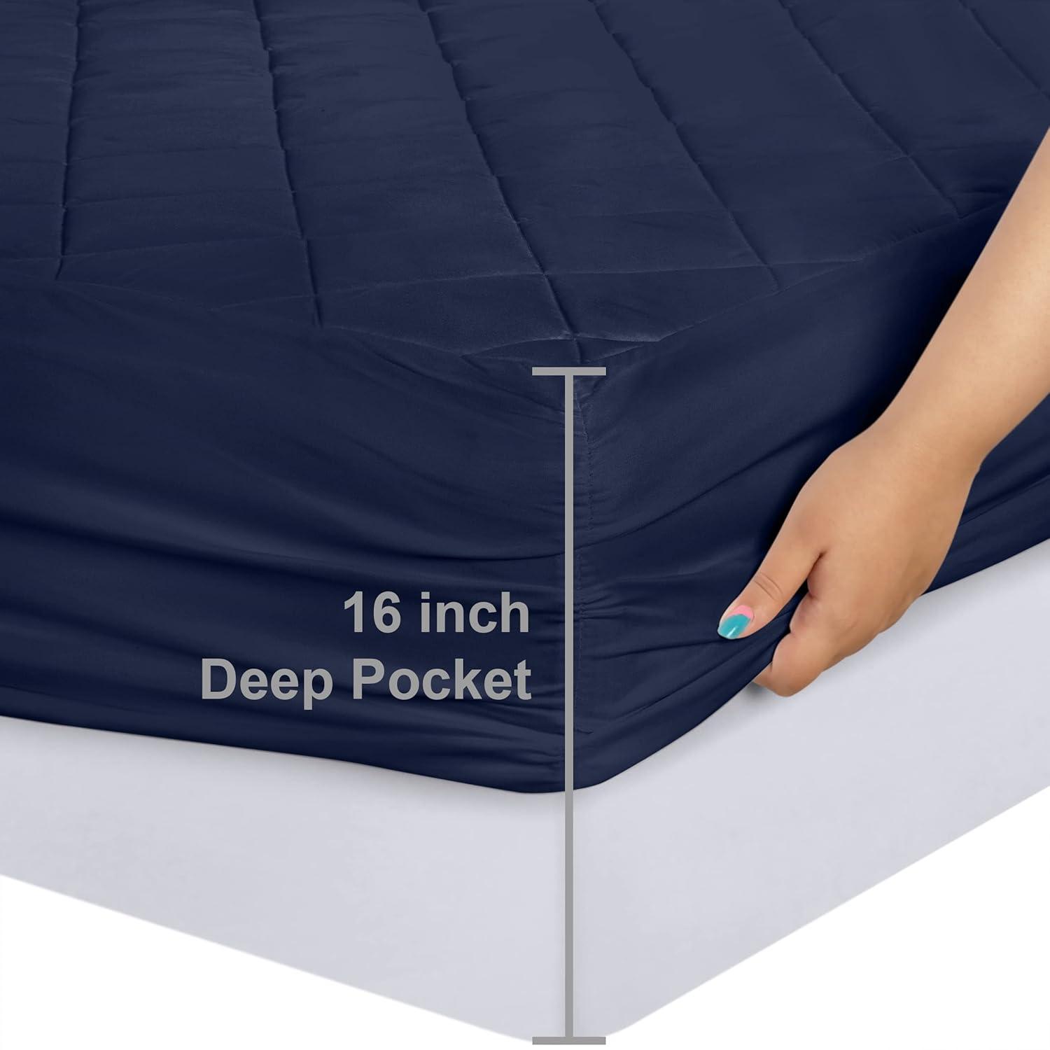 Utopia Bedding Quilted Fitted Mattress Pad, Queen Size, Elastic Fitted Mattress Topper Protector and Cover Stretches up to 16 Inches Deep, Machine Washable (Navy)