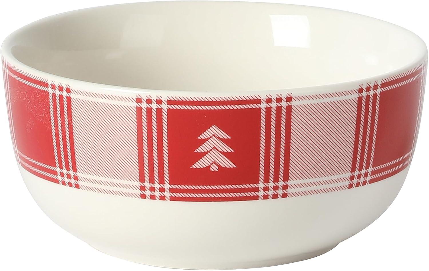 Martha Stewart Plaid 12-Piece Decorated Red and White Stoneware Dinnerware Set