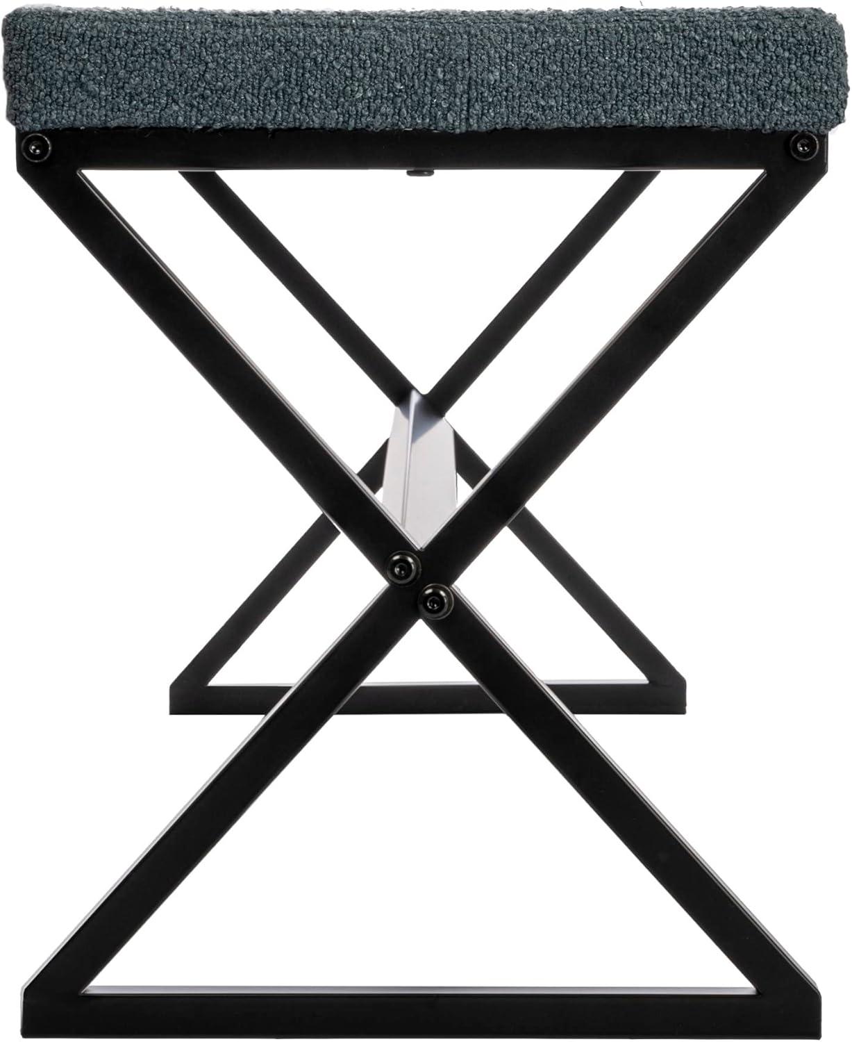 Household Essentials Harper Metal Bench with Boucle Upholstered Cushion, Blue-Grey and Black