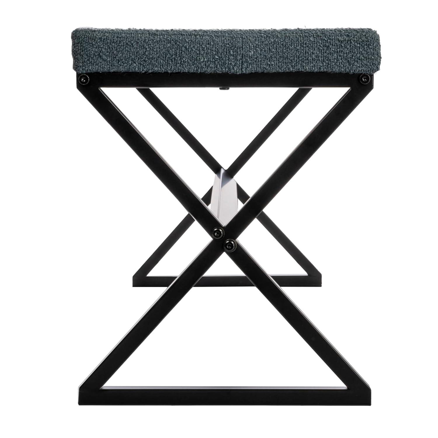 Household Essentials Harper Metal Bench with Boucle Upholstered Cushion, Blue-Grey and Black