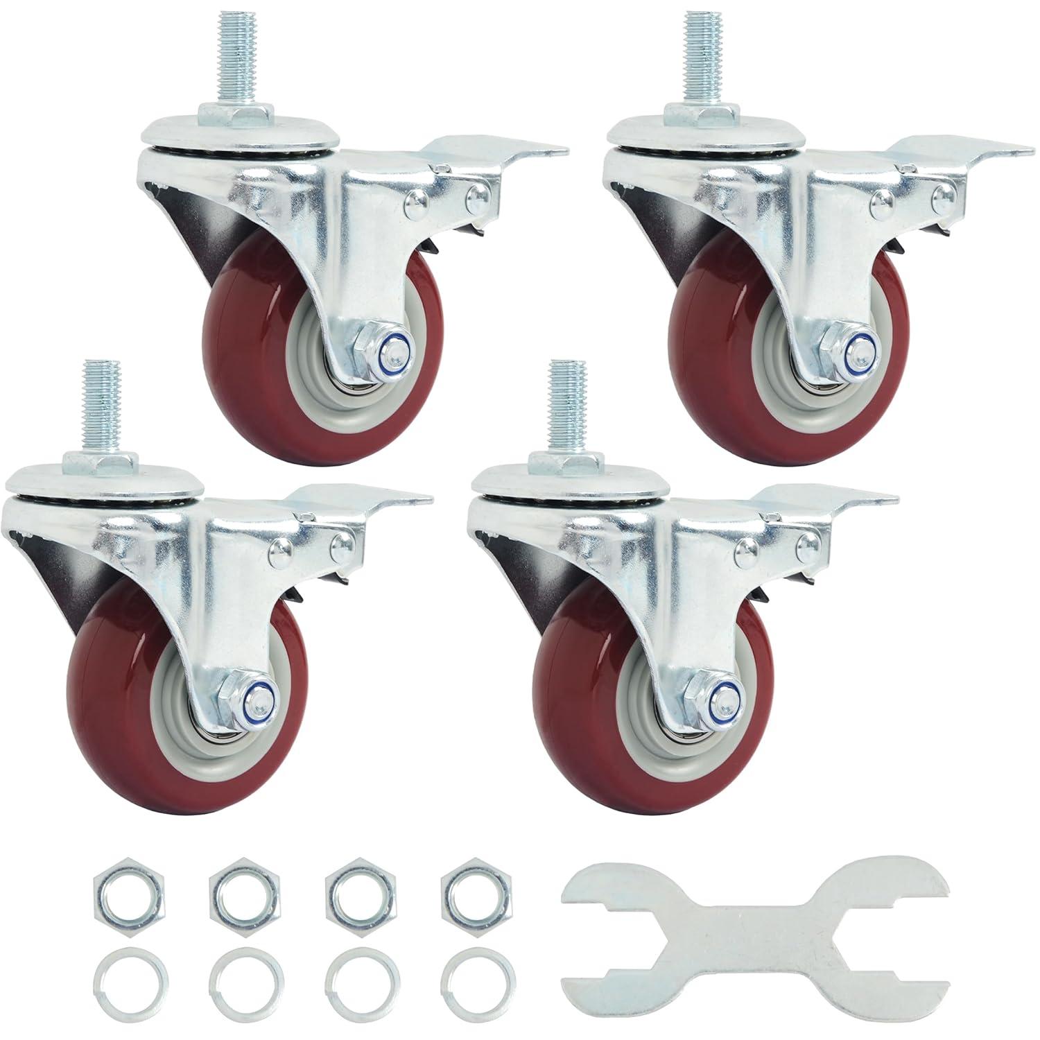 Caster Wheels Set of 4 with Brake Plate Swivel Casters Premium Polyurethane Wheels PU Load Bearing 1,200 Lbs Lockable Anti-wear Smooth Casters Red