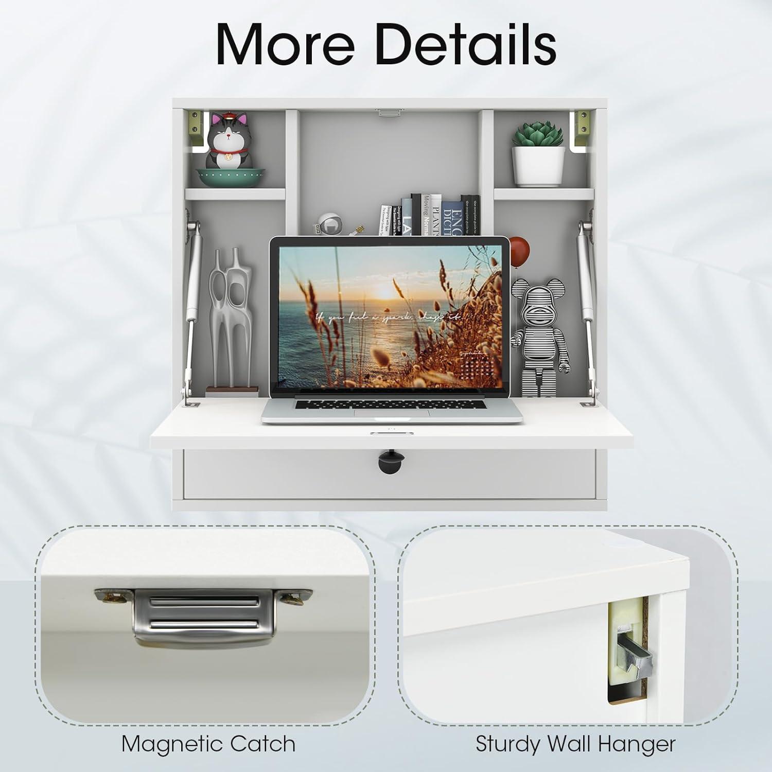 Tangkula Folding Wall Table - Floating Desk with Storage Drawer & Shelves (White)