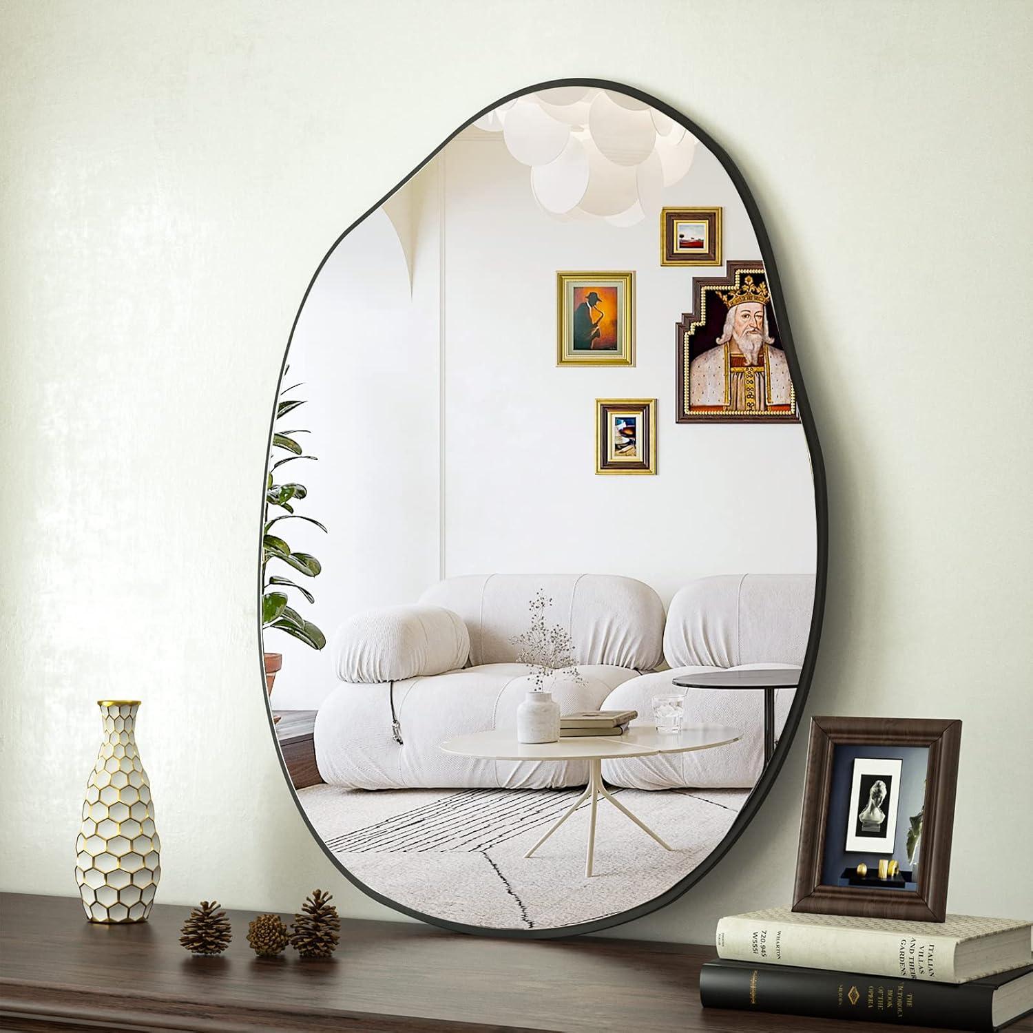 HARRITPURE Irregular Wall Mirror 26"x38" Black Asymmetrical Bathroom Mirror Wood Framed Modern Decorative Vanity Mirrors for Bedroom Living Room Entryway