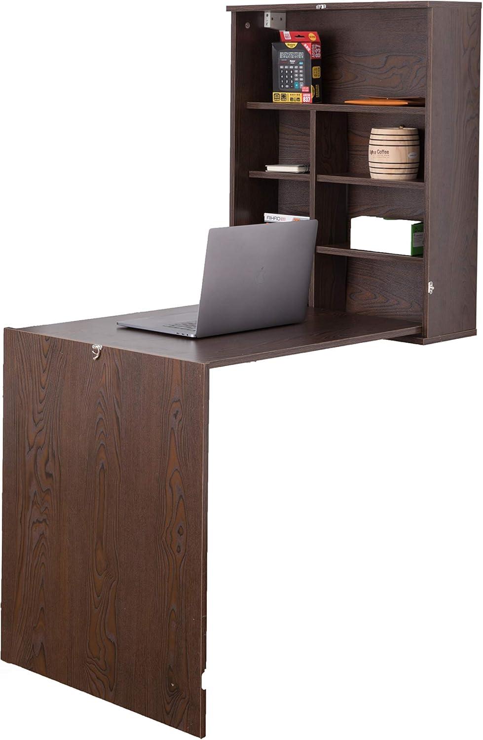 Basicwise Wall Mount Laptop Fold-out Desk with Shelves, Brown