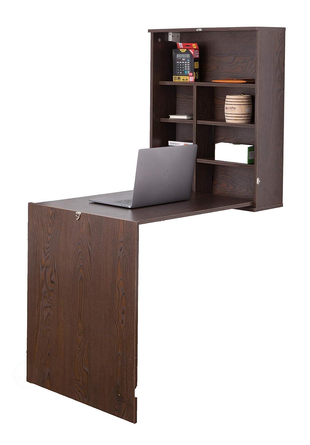 Basicwise Wall Mount Laptop Fold-out Desk with Shelves, Brown