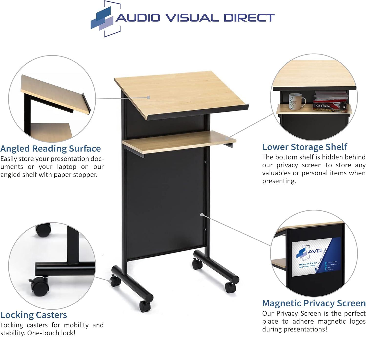 Audio-Visual Direct Lectern (45" H x 17" D x 23" L)- Modern Wood & Metal Podium Wheels -Beech/Black-