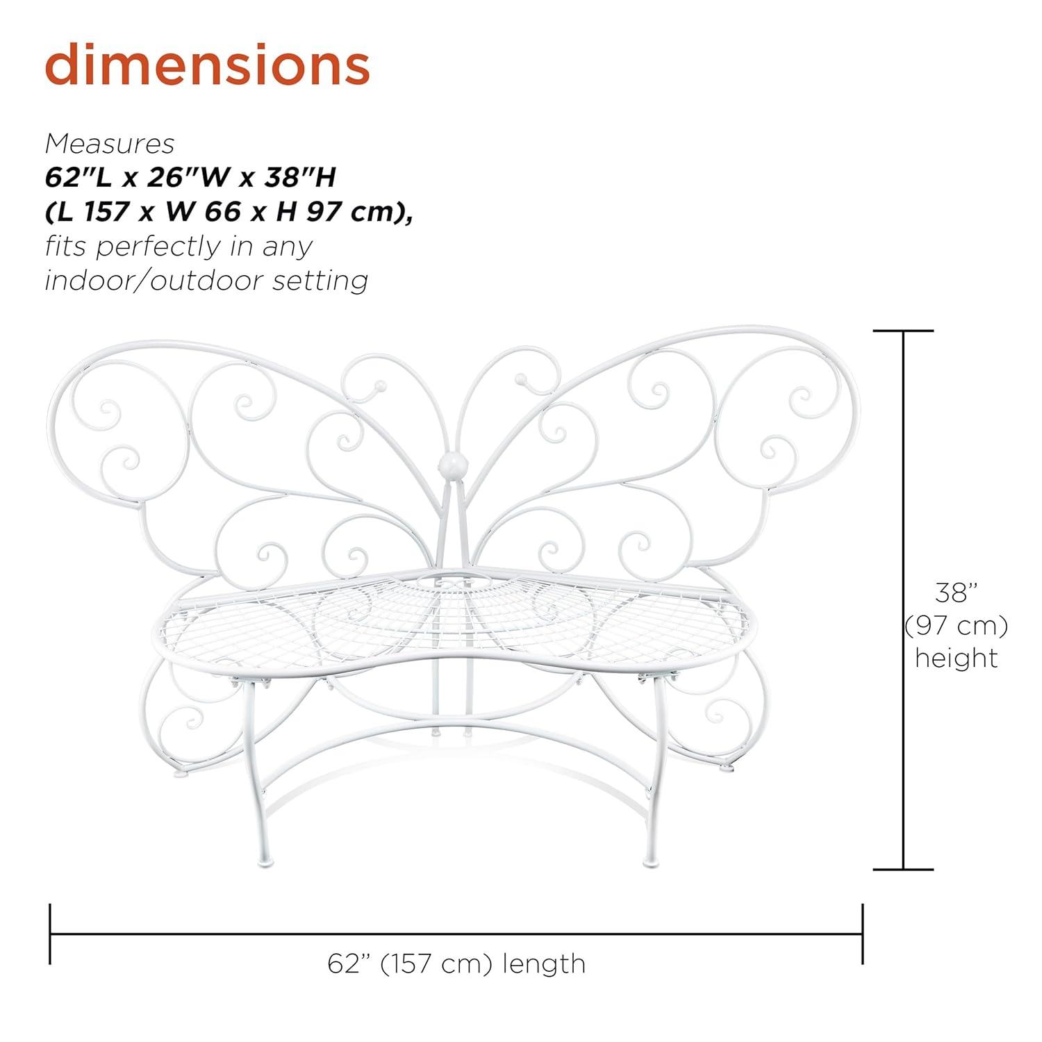 38" x 62" Metal Butterfly Outdoor Bench White - Alpine Corporation: Weather-Resistant, Garden Seating