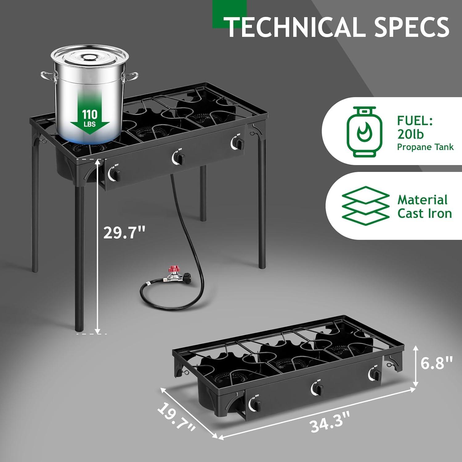 GVDV 3-Burner Propane Camping Stove, Gas Stove for Outdoor Cooking BBQ, 225,000 -BTU, 20 PSI Regulator, High Pressure, Heavy Duty, Black