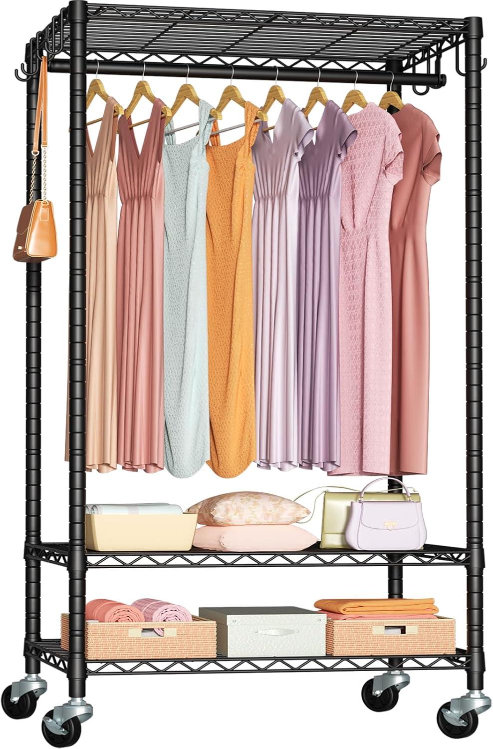 Heavy Duty Black Rolling Garment Rack with Adjustable Shelves