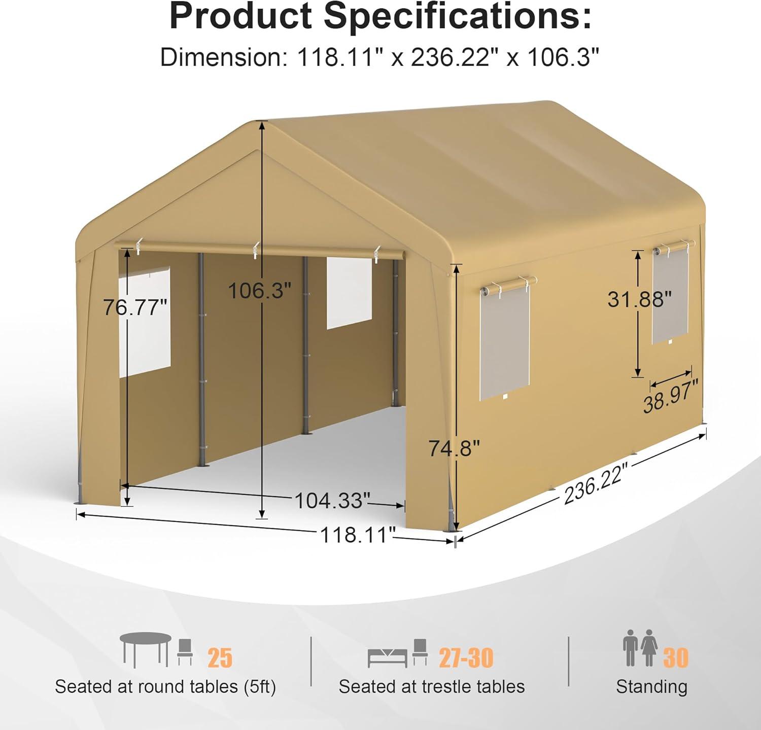 10 Ft. W x 20 Ft. D Heavy Duty Carport Portable Garage Large Carport with Breathable Windows