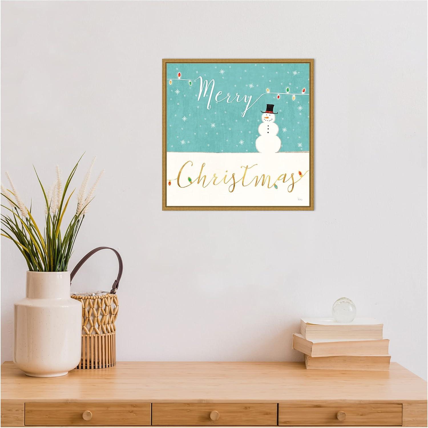 Merry Christmas Snowman Canvas Print with Gold Frame