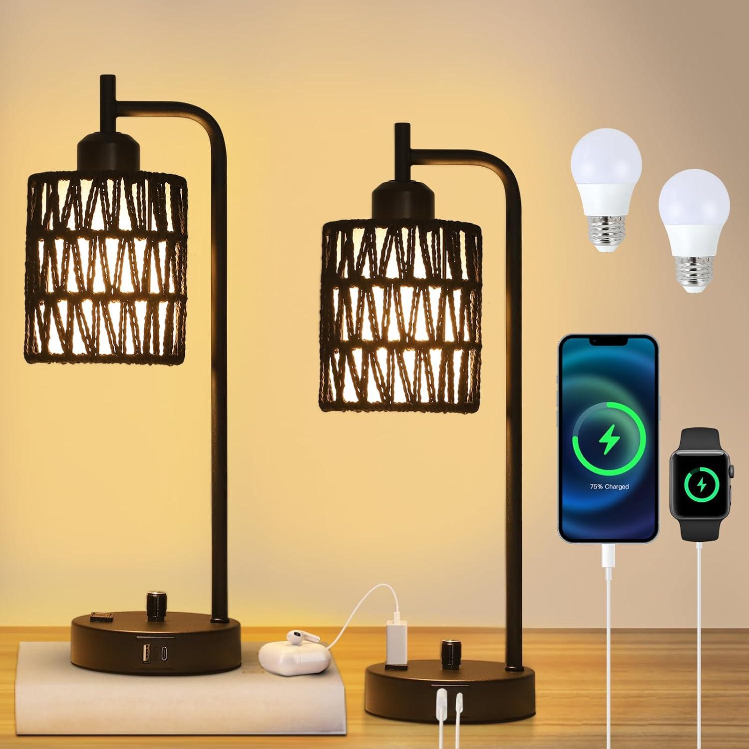 Rattan Table Lamps for Living Room Set of 2, Boho Bedside Lamps with LED Bulbs, USB Charging Ports and Outlet, Farmhouse Nightstand Lamp with Woven Shade, Black Desk Lamp for Bedroom Office