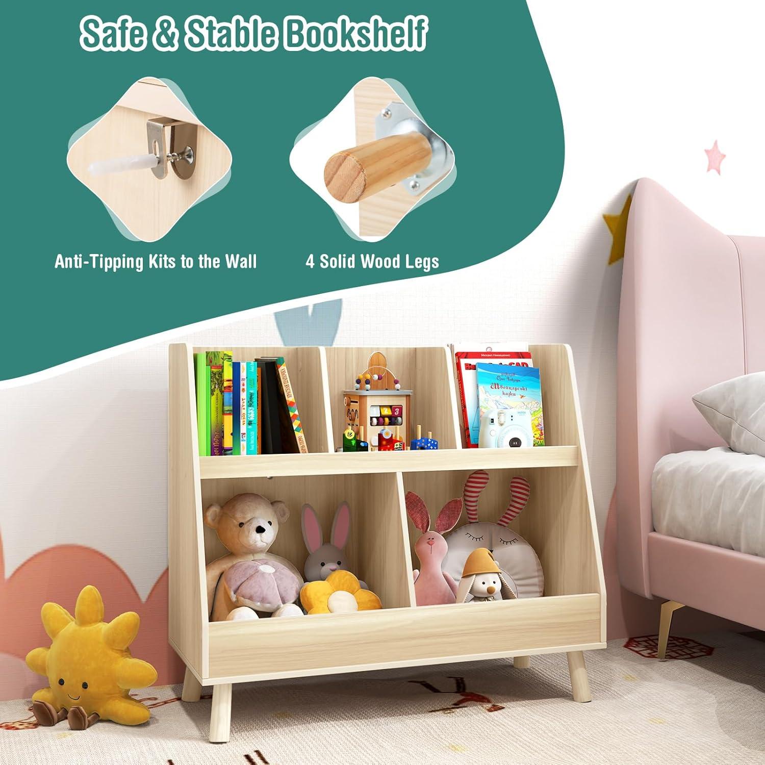 Costway 5-Cube Kids Bookshelf and Toy Organizer Wooden Storage Bookcase with Wood Legs Beige