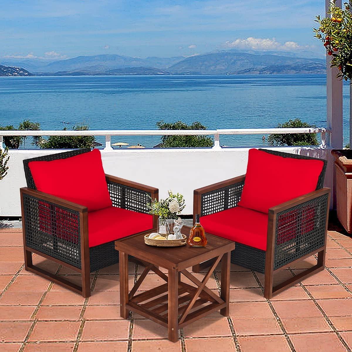 Costway 3PCS Patio Wicker Furniture Set Solid Wood Frame Cushion Sofa w/ Square Table Shelf Red