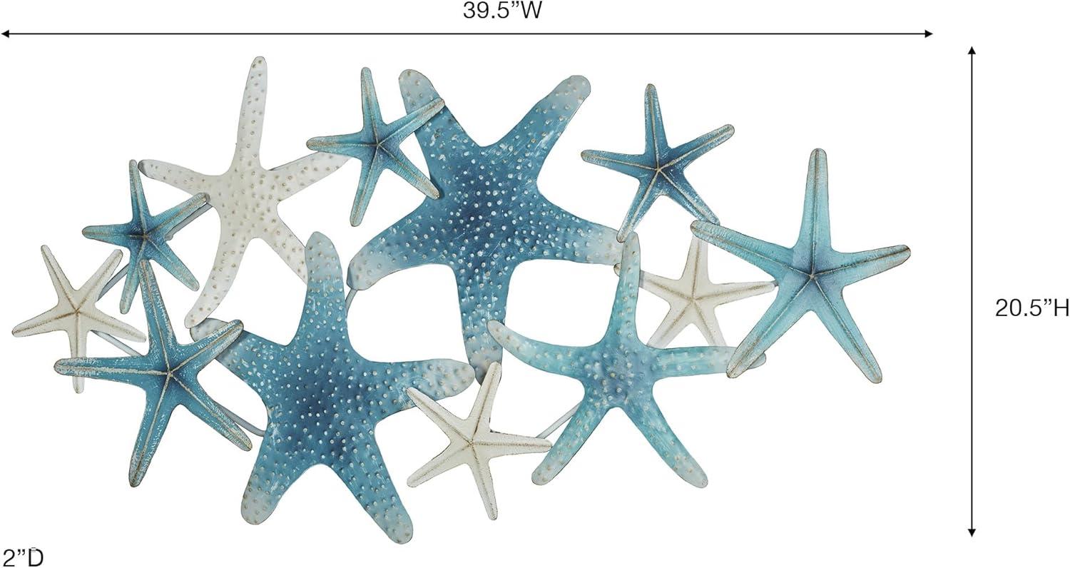 Starfish Cluster Oceanic Metal Wall Sculpture | Handpainted Coastal Blue, Antique White, and Metallic Gold Hues | Layered, Textured Starfish Beach Collage Wall Art | Hangs Horizontally or Vertically