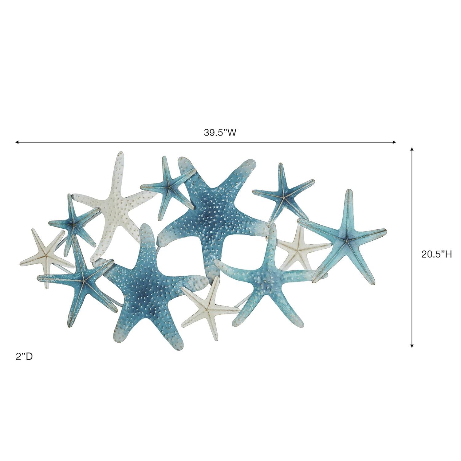 Starfish Cluster Oceanic Metal Wall Sculpture | Handpainted Coastal Blue, Antique White, and Metallic Gold Hues | Layered, Textured Starfish Beach Collage Wall Art | Hangs Horizontally or Vertically
