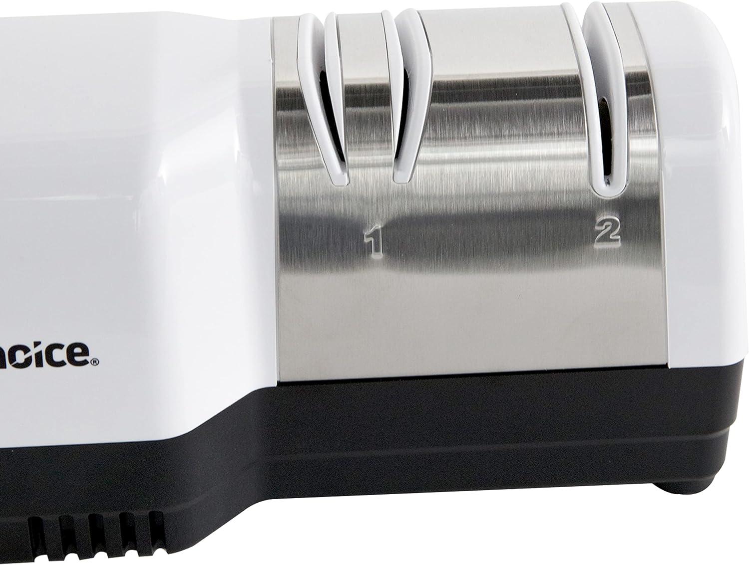 Chef'sChoice 220 Hybrid Diamond Hone 2-Stage Knife Sharpener uses Diamond Abrasives and Combines Electric and Manual Sharpening Sharpens Straight and Serrated Knives