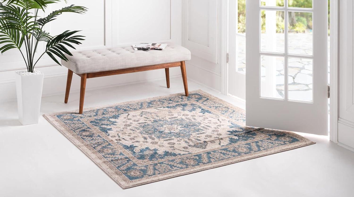 Salzburg Ivory and Gray Floral Square Indoor Rug, 5' x 5'