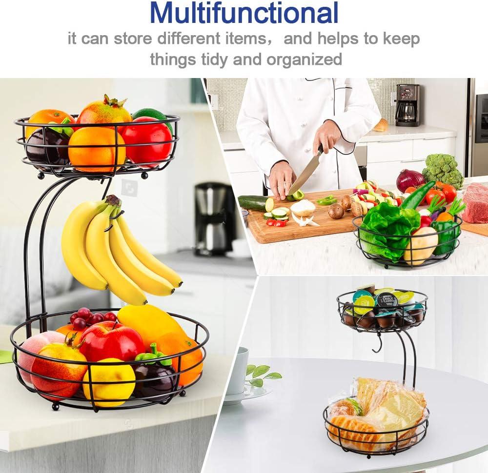 Auledio 2 Tier Metal Fruit Basket with Banana Hanger Detachable Organization and Storage for Kitchen (Black)