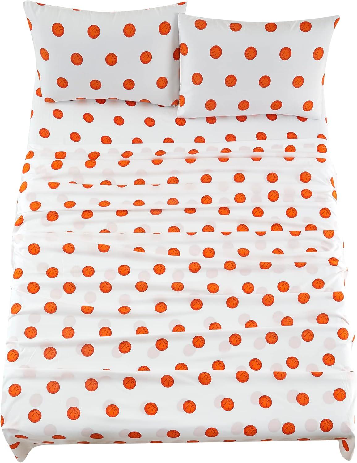 Chezmoi Collection 4-Piece Kids/Teens Sports Microfiber Sheet Set White Orange Basketball, Full Size