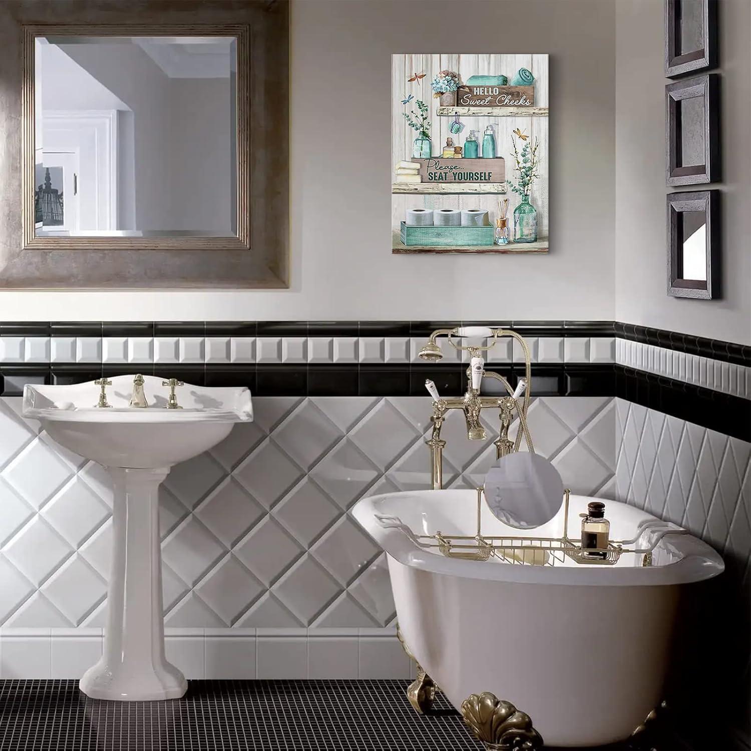 Rustic Bathroom Sign - Turquoise Canvas Wall Art - Modern Home Decor - Framed, Ready To Hang - 12x16 Inch