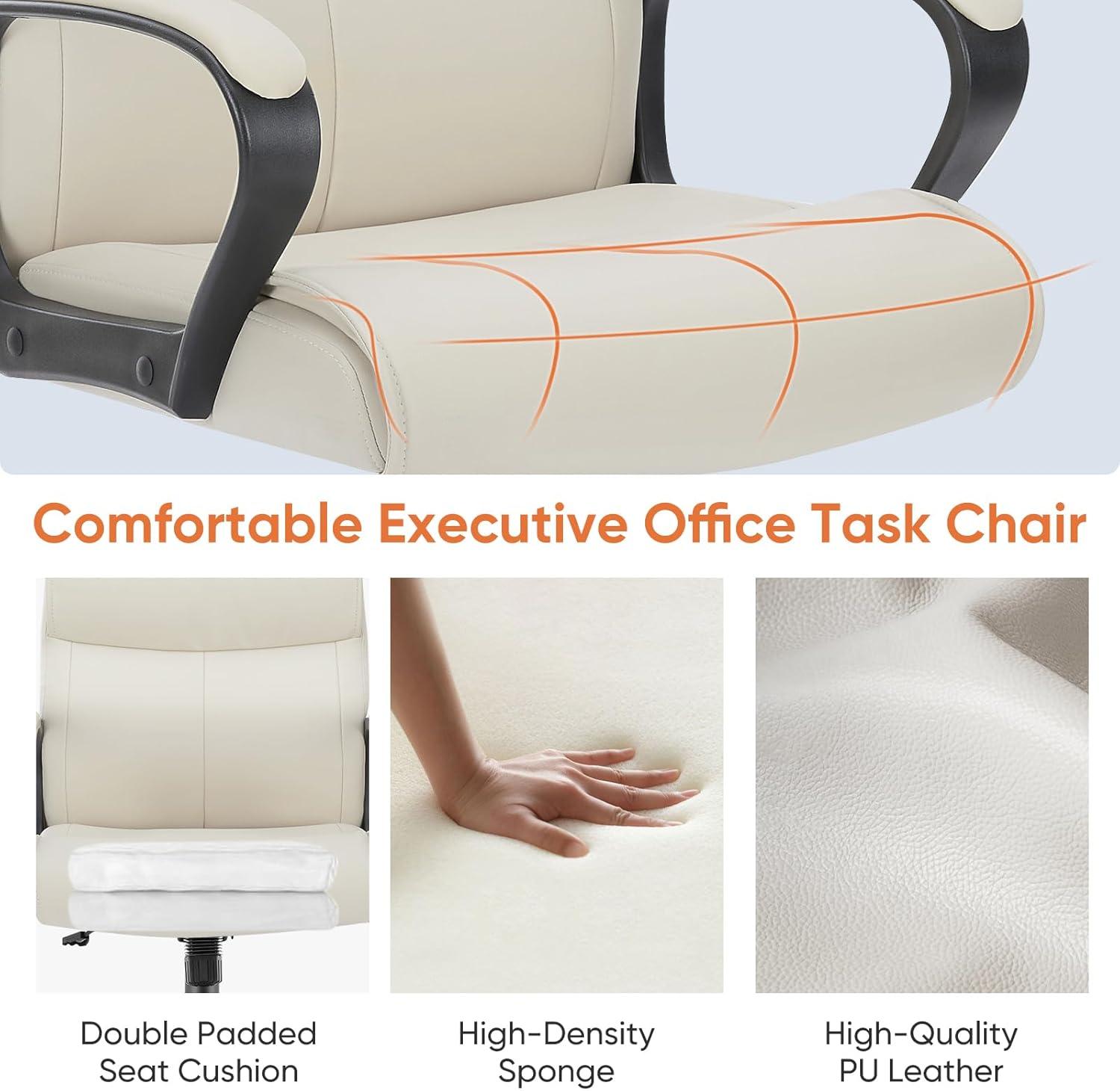 Executive Office Chair with Padded Armrests Adjustable Height, 360-Degree Swivel, Lumbar Support, PU Leather, Cream