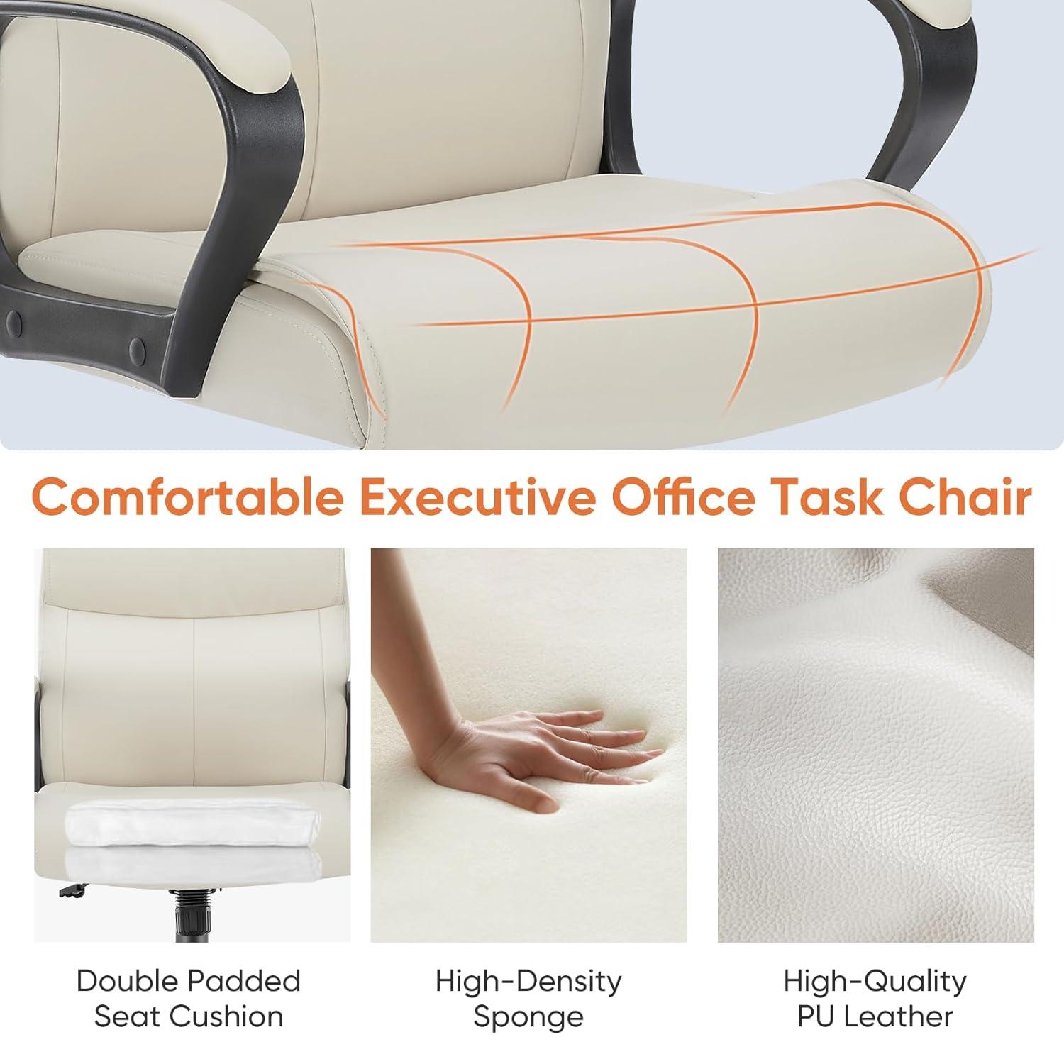 Executive Office Chair with Padded Armrests Adjustable Height, 360-Degree Swivel, Lumbar Support, PU Leather, Cream