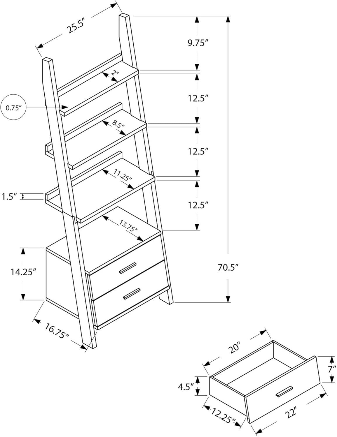 Monarch Bookcase 69"H / White Ladder With 2 Storage Drawers