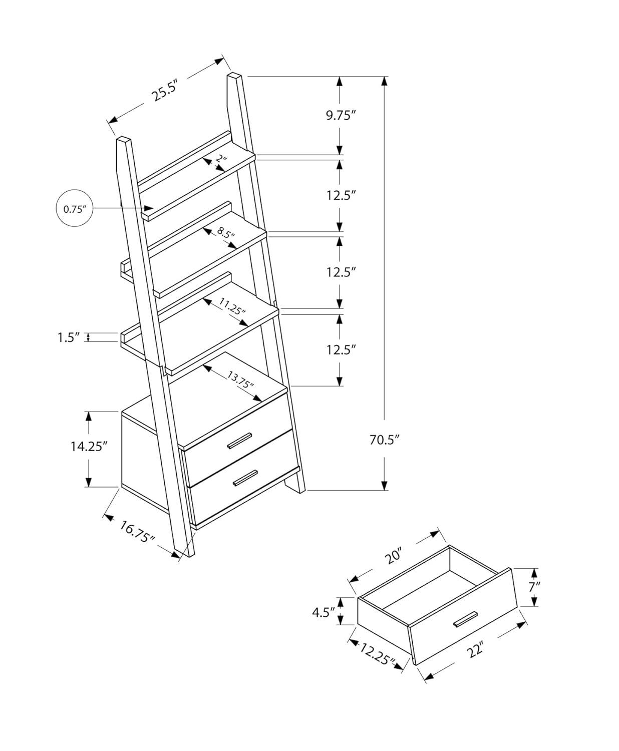Monarch Bookcase 69"H / White Ladder With 2 Storage Drawers