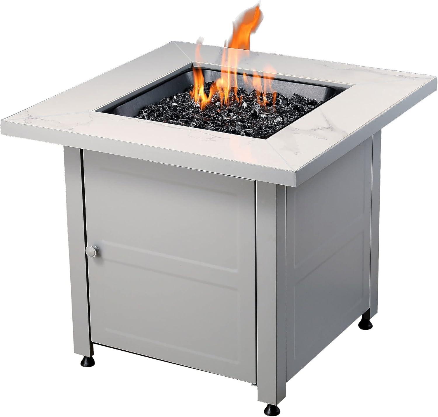 Mr. Bar-B-Q Endless Summer All Weather Outdoor Fire Pit Table with Faux Marble Finish, Black Glass