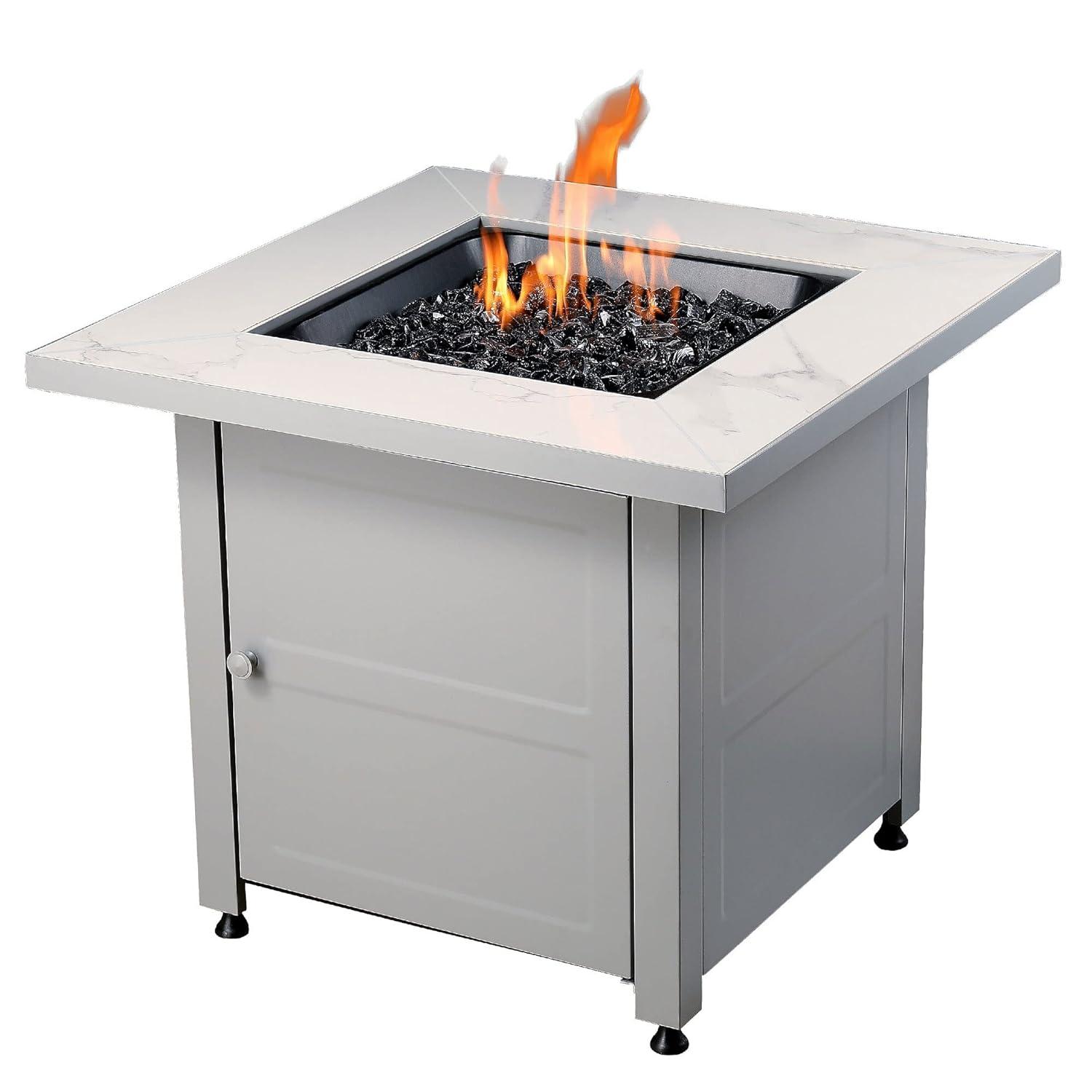 Mr. Bar-B-Q Endless Summer All Weather Outdoor Fire Pit Table with Faux Marble Finish, Black Glass