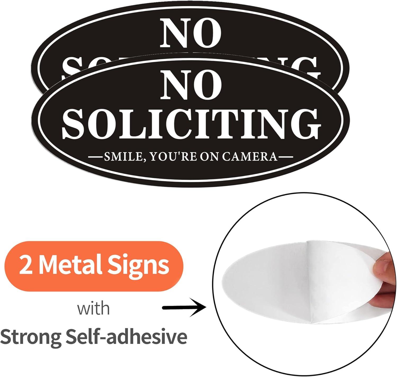 No Soliciting Sign, No Solicitors Sign for Front Door, 2 Pack Self-Adhesive Aluminum Metal No Solitation Do Not Knock or Ring Bell Sign, 7.0 x 3.0 inches Weather Resistant Signs for Home Doorbell Busi