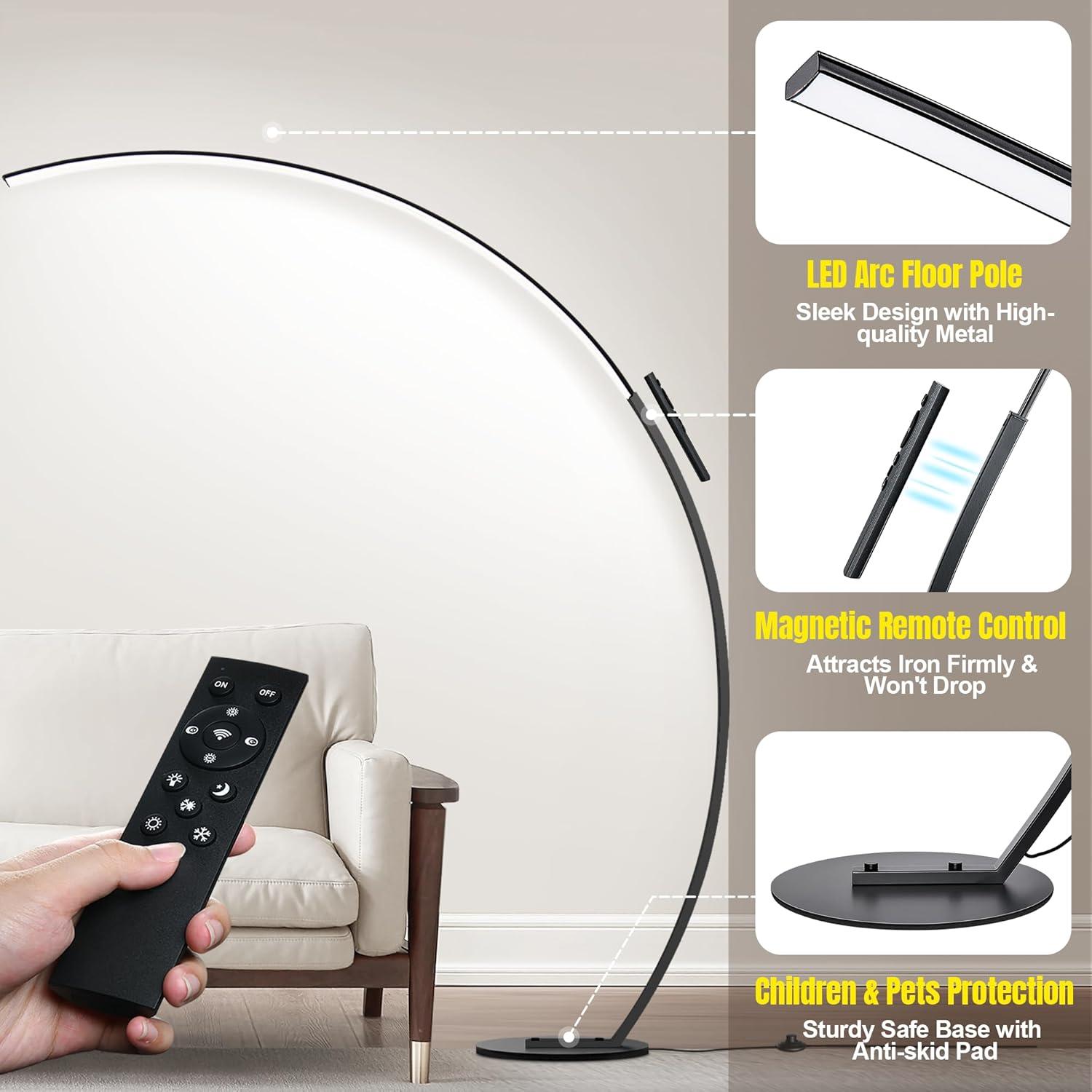 Dimmable LED Floor Lamp With 3 Color Temperatures, Ultra Bright 2000LM Arc Floor Lamps For Living Room, Modern Standing Tall Lamp With Remote Control Reading Floor Lamp For Bedroom Office Classroom