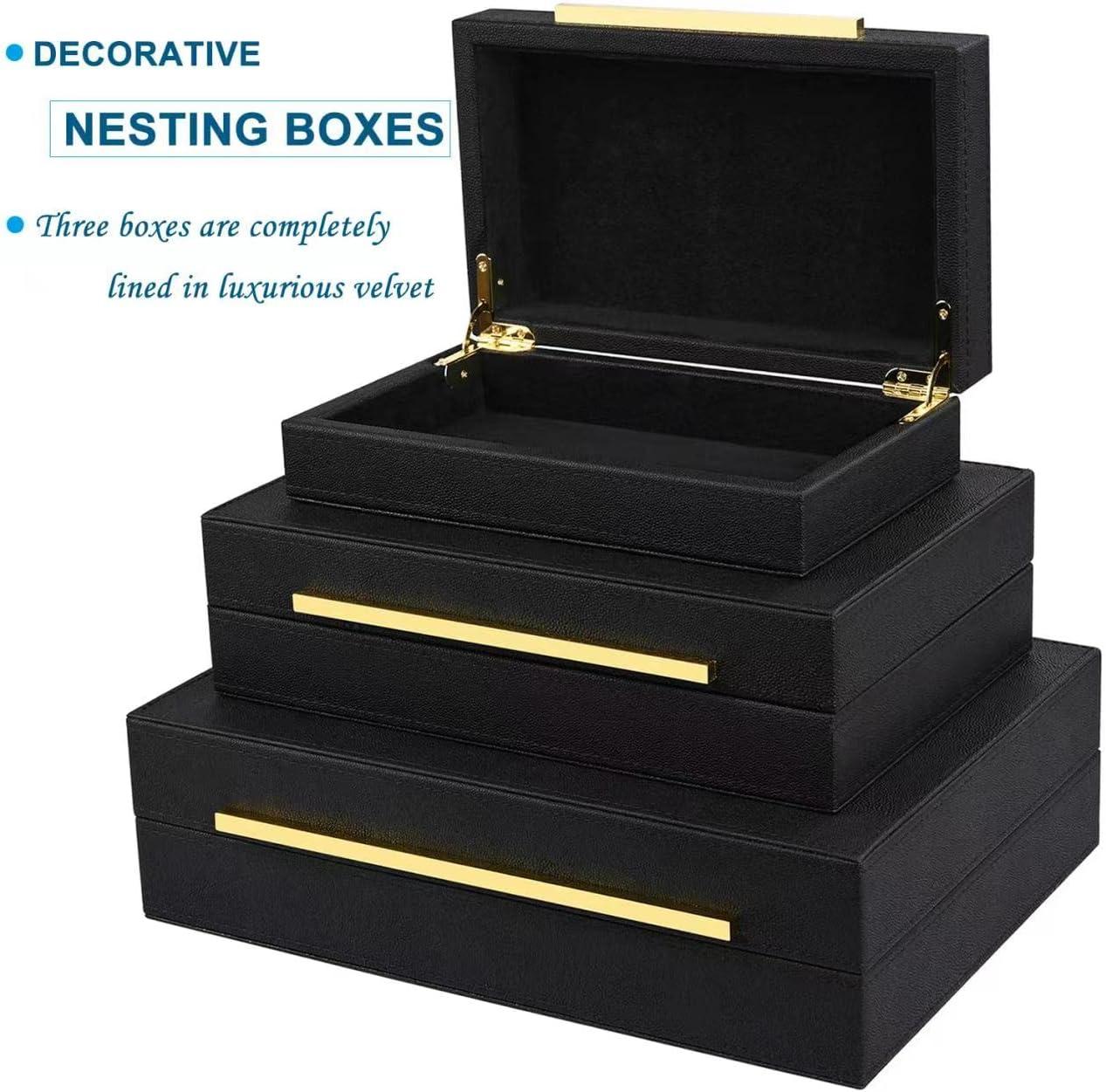 Faux  Leather Decorative Jewelry Storage Nesting Organizer Boxes with Lids Gold Handle Set of 3, Black