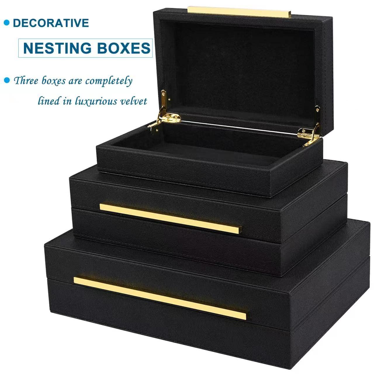 Faux  Leather Decorative Jewelry Storage Nesting Organizer Boxes with Lids Gold Handle Set of 3, Black