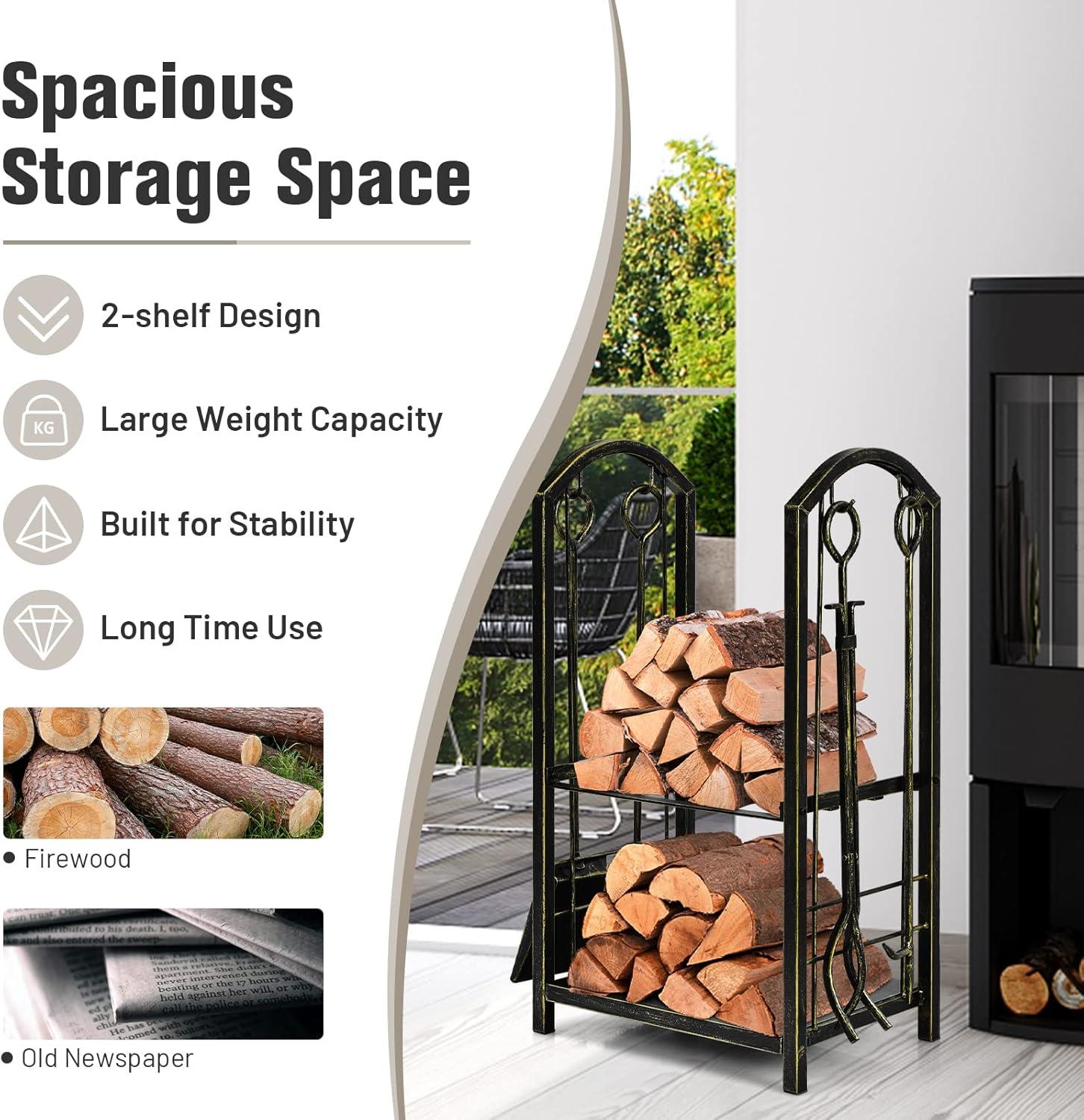 Kadyn Fire Wood Storage Racks, Firewood Holder,Firewood Frame,Firewood Shelf,Fireplace Log Rack with 4 Pieces Fireplace Tools-Bronze