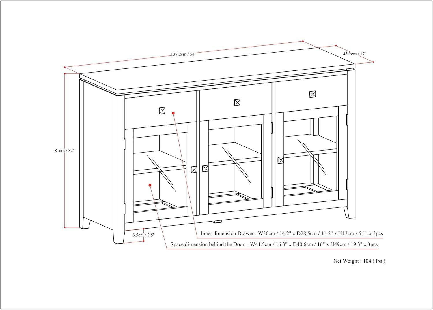 Allora 54"W Contemporary Solid Wood Sideboard Buffet in Mahogany