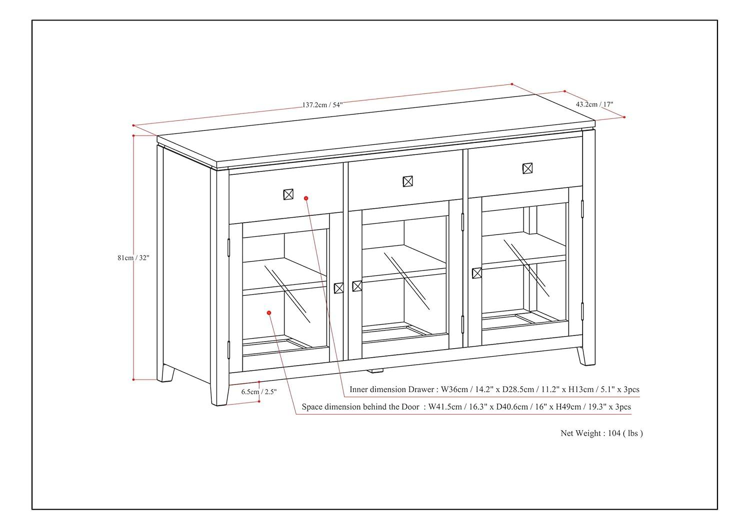 Simpli Home Cosmopolitan 54"W Solid Wood Contemporary 3-Door Sideboard Buffet with 3 Drawers