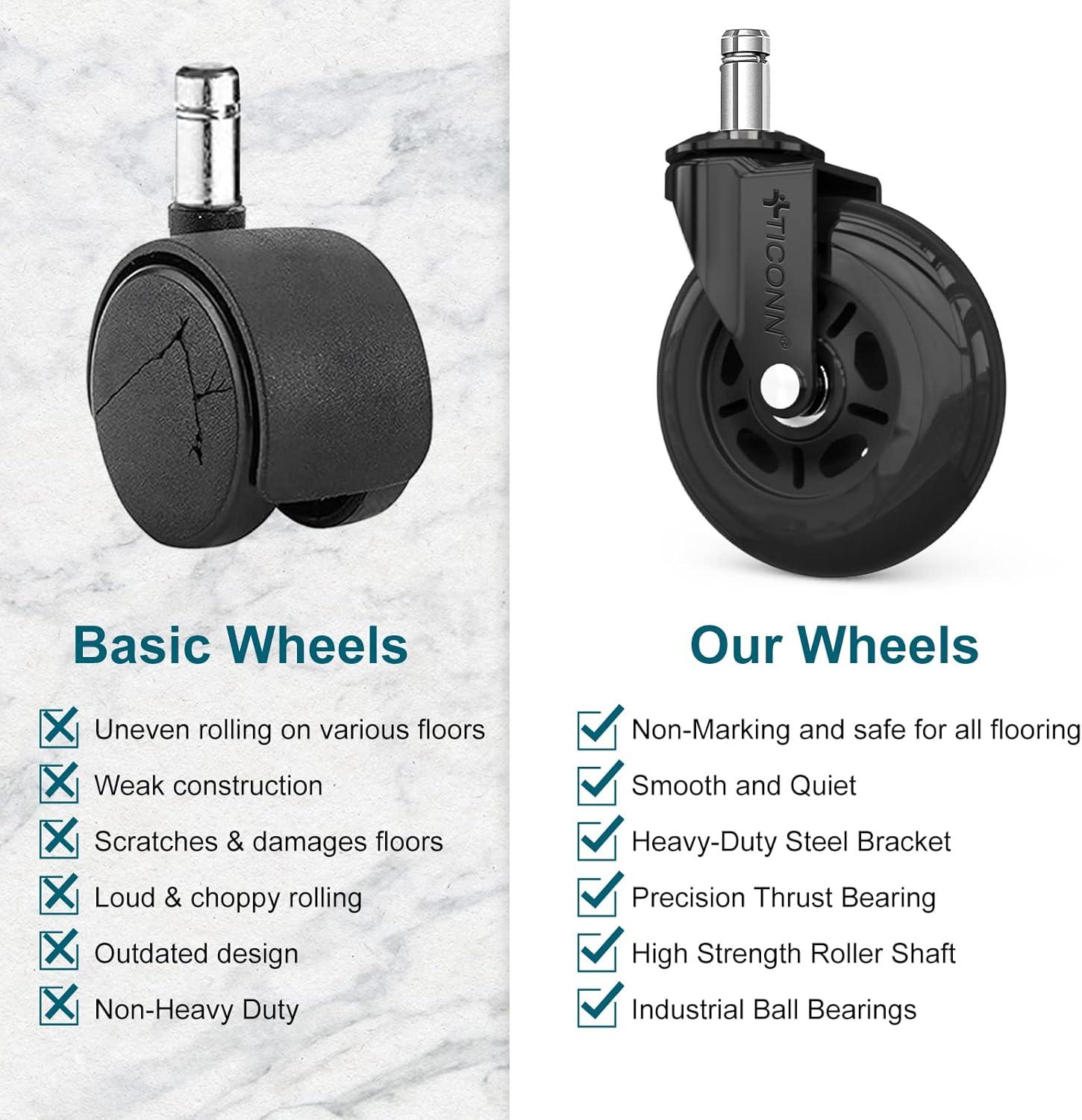 TICONN Office Chair Caster Wheels Set of 5 for Tile, Hardwood Floors and Carpets, Universal Fit for Most Chairs (Black)