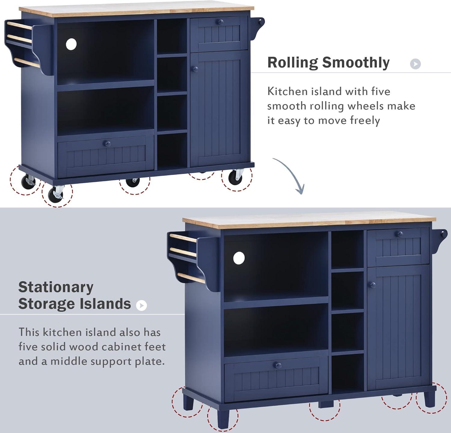 Kitchen Rolling Island Cart with Storage Cabinet and Solid wood desktop Microwave cabinet,Floor Standing Buffet Server Sideboard Dark Blue