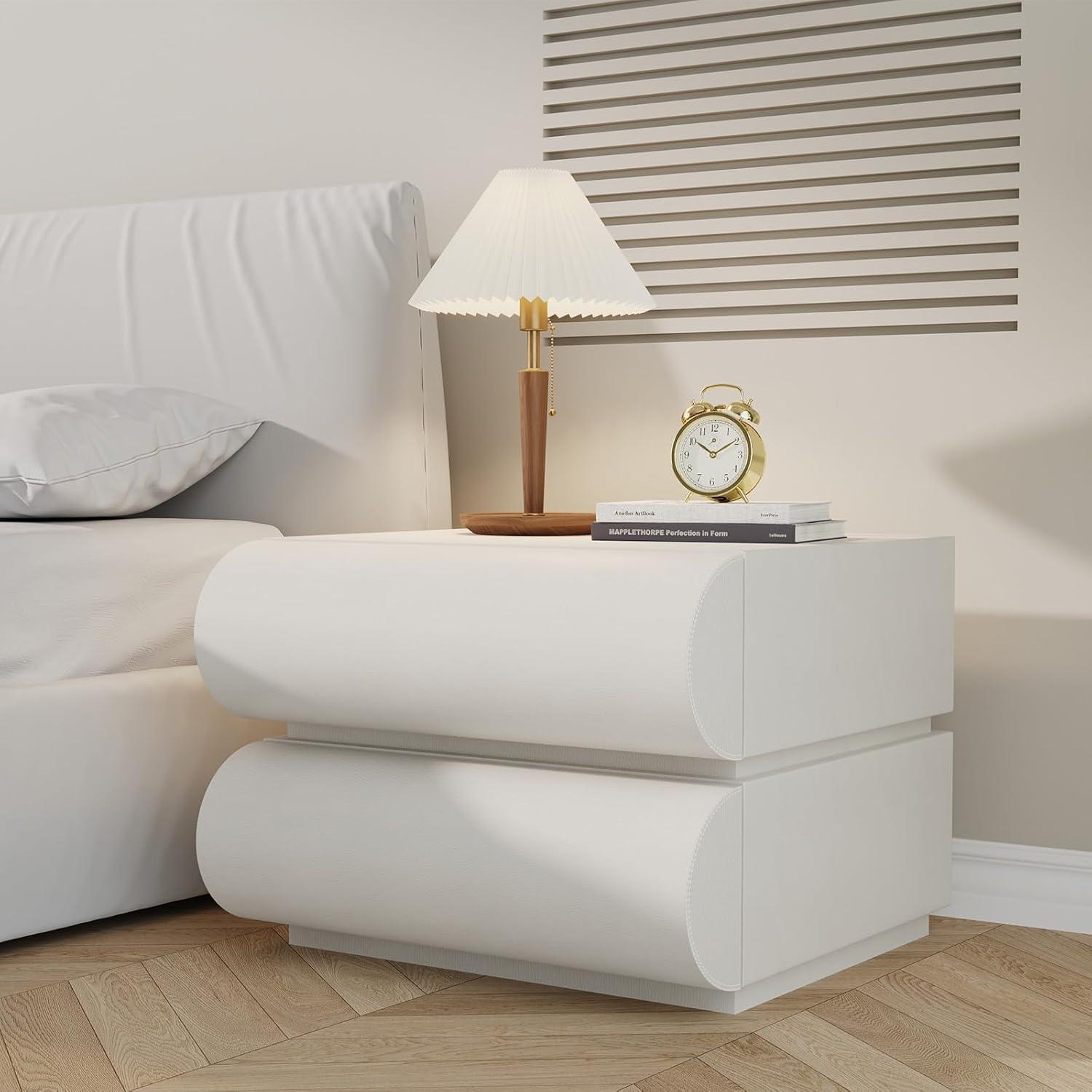 Wrought Studio™ Hasya White Nightstand with 2 Solid Wood Drawers, Leather Bedside Table for Bedroom, No Assembly Required
